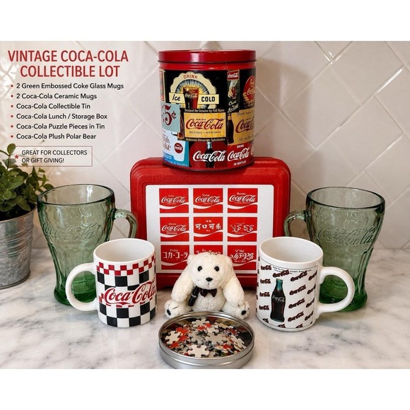 Coca-Cola Other - Vintage Coca-Cola Collectible Lot Glasses Mugs Puzzle Tin Lunch Box Plush